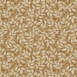 S.  Overlapping leafy twigs, textured warm caramel brown and beige, small scale