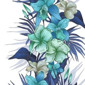 Tropical blue vertical summer flowers, plumeria, Orchid
