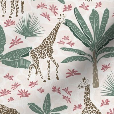 Serene Savannah Giraffes and Tropical Flora - Whimsical Wildlife Fabric Desig