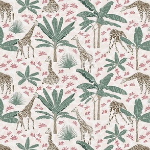 Serene Savannah Giraffes and Tropical Flora - Whimsical Wildlife Fabric Desig
