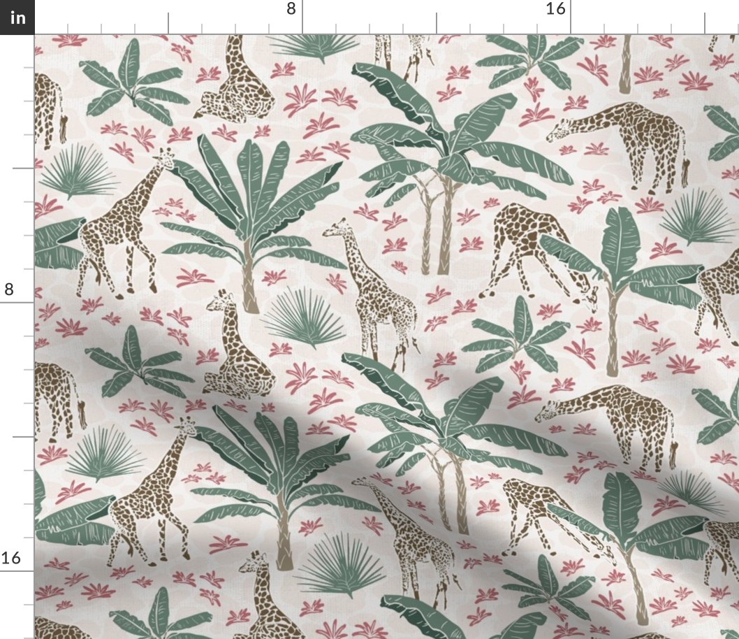 Serene Savannah Giraffes and Tropical Flora - Whimsical Wildlife Fabric Desig