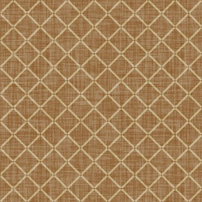 S. Minimal diagonal trellis on subtle linen texture sandy beige lattice grig on caramel brown-