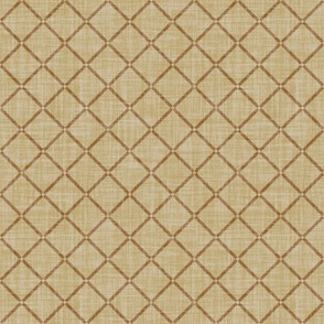 S. Minimal diagonal trellis on subtle linen texture caramel brown lattice grid on sandy beige-