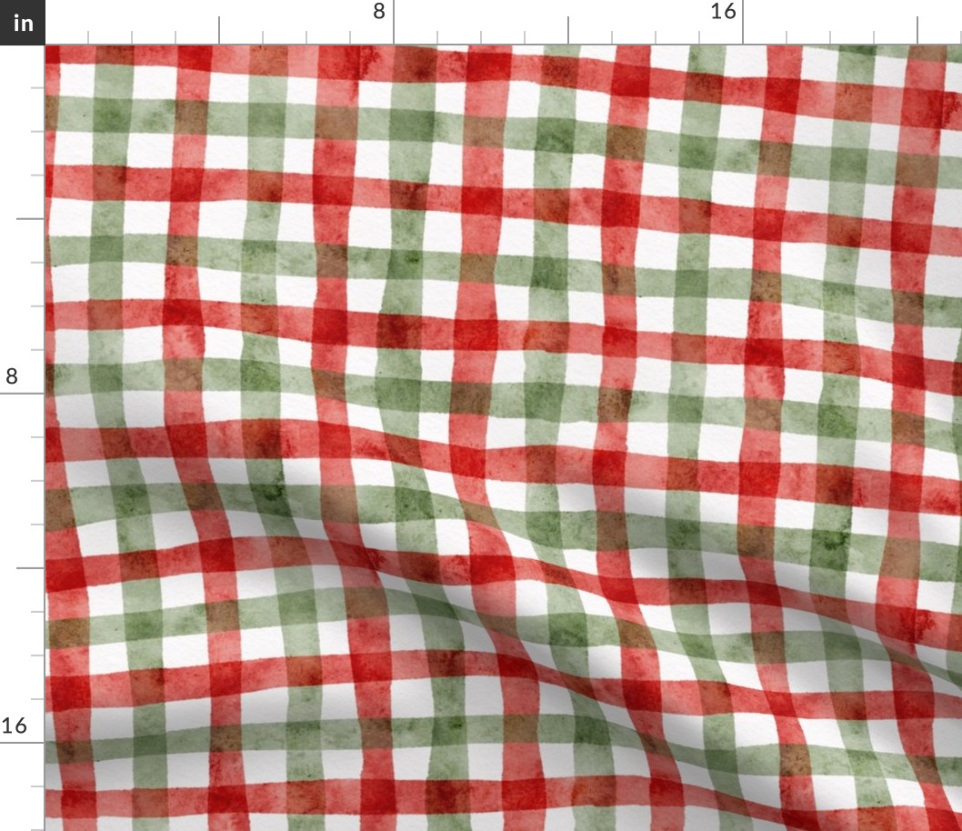 juicy strawberry coordinate small - watercolor red and green plaid - french country gingham fabric and wallpaper