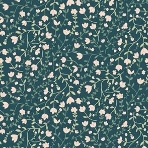 Ditsy floral tossed light pink flowers and green leaves on a teal blue background Medium