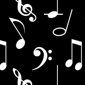 Musical Notes Clef Bass Center C Notes Small  Scale White on Black