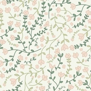 Ditsy floral tossed light pink flowers and green leaves on a light green background Large