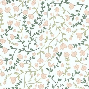 Ditsy floral tossed light pink flowers and green leaves on a light blue background Large