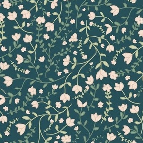 Ditsy floral tossed light pink flowers and green leaves on a teal blue background Large
