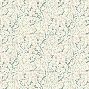 Ditsy floral tossed light pink flowers and green leaves on a light green background Small/Mini micro