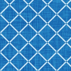 Minimal diagonal trellis on subtle linen texture off white lattice grig on cobalt blue