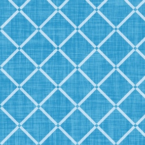 Minimal diagonal trellis on subtle linen texture off white lattice grid - on electric blue