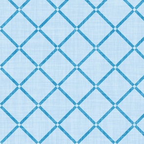 Minimal diagonal trellis on subtle linen texture electric blue lattice grid on off white