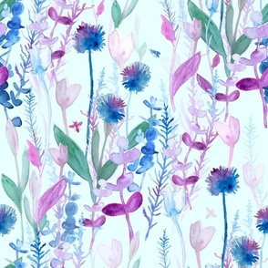 Large Light Blue Teal Garden / Lavender / Purple / Watercolor
