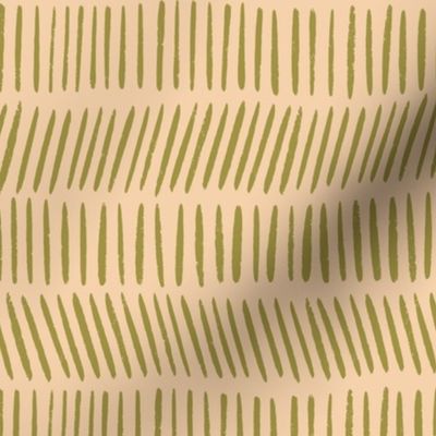 Olive Green Simple Stripes in Rows on Pale Yellow, Abstract Line, Block Print Hand Drawn Flower Stems