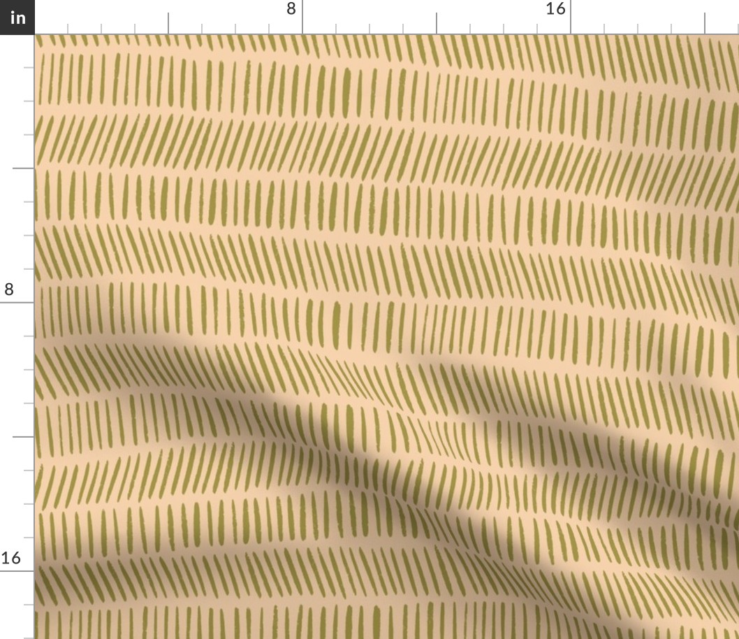 Olive Green Simple Stripes in Rows on Pale Yellow, Abstract Line, Block Print Hand Drawn Flower Stems