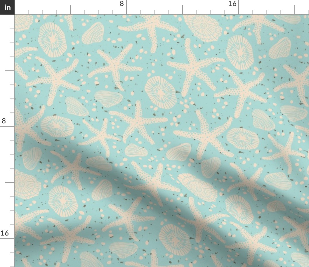 Large Block Printed Summer Beach Seashells and Starfish in sandy cream on light teal  