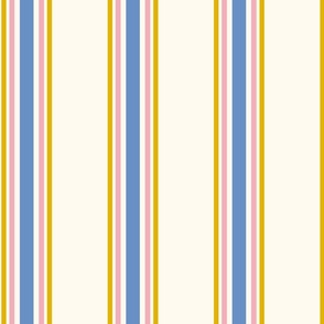 Medium - Pink, medium blue and yellow stripes on cream - 5 stripes - classic coastal neutral wallpaper - Farmhouse ticking stripe