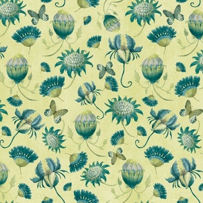 Fantasy Floral - Teal on chartreuse  background (medium scale)
