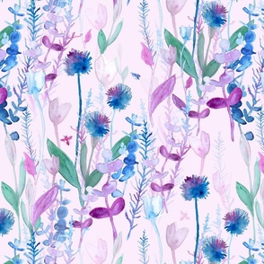 Large Lavender Garden Flowers / Watercolor / Blue / Purple