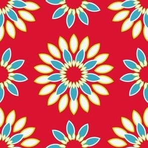 Teal Blue and Chartruese flower petals on red background