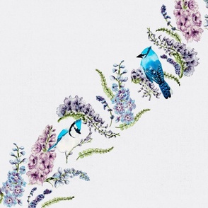 Blue jays diagonal stripe bird print with larkspur delphinium and wisteria violet florals on light gray