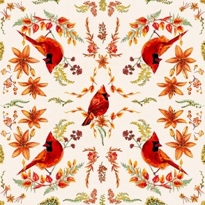 Cardinal Block Pattern - red birds and yellow, orange, and red florals in square pattern on cream