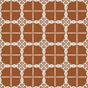 Fanciful tile block in brown and white. Extra small scale