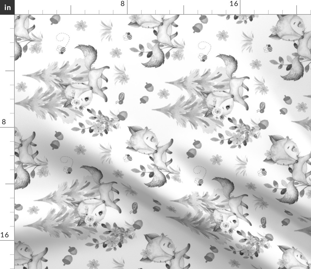 Floral Woodland Animals Fox Baby Nursery Ladybug Bee Gray Rotated 