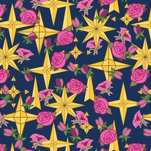 Golden Compass Roses and Pink Roses are Scattered across a Navy Blue Background