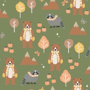 Autumn/Fall Adventure with Bear and Racoon -Green Background
