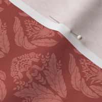 Damask with floral and leaf motifs in rose on coral red - small