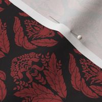 Damask with floral and leaf motifs in red on ink black - small