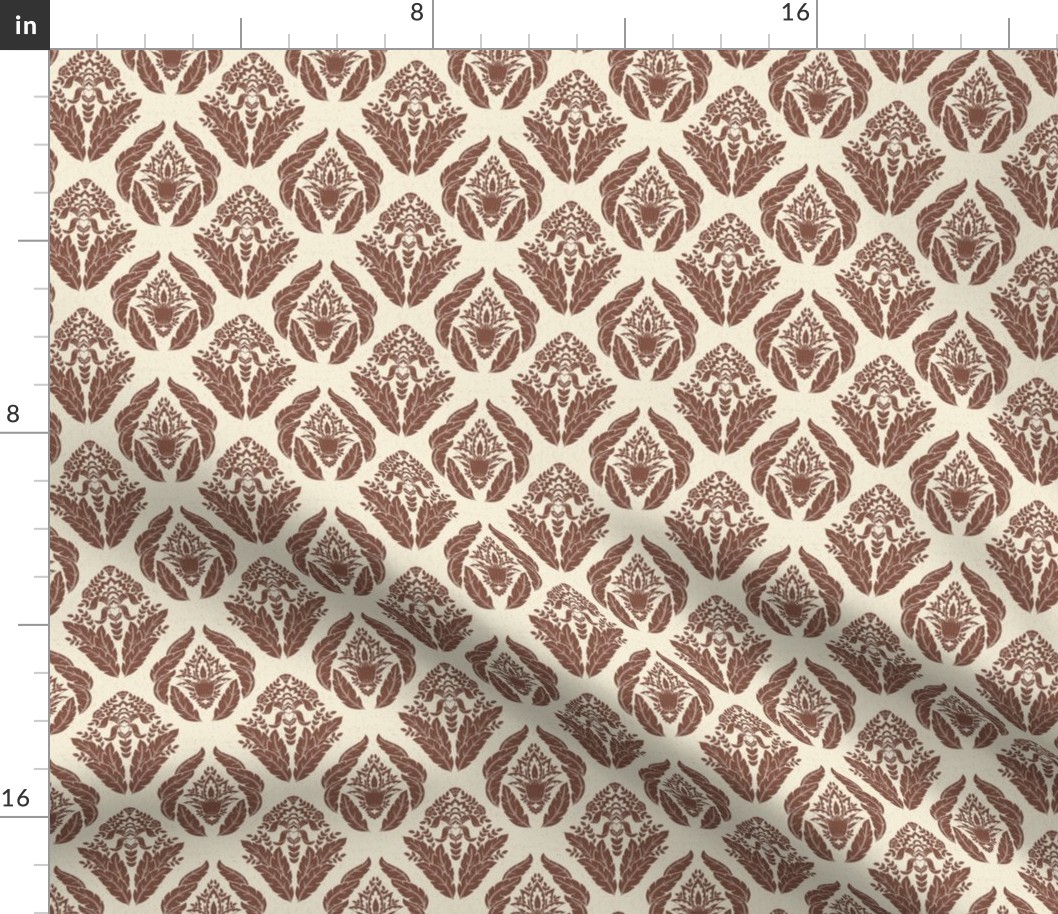 Damask with floral and leaf motifs in burgundy on linen white background - small scale