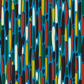 Abstract Lines and Stripes in Red Green Yellow and Cream on Blue - Large 