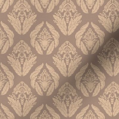 Damask with floral and leaf motifs in light taupe on taupe background - small scale