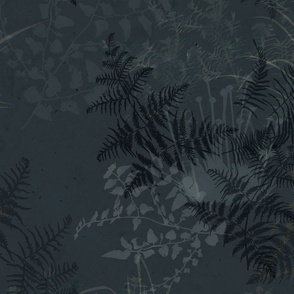 Dark and Moody Botanical Forest Ferns, Textured, Midnight Blue Floral, Large