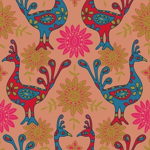 PEACOCK GARDEN Bohemian Exotic Birds in Red Blue Green Fuchsia Pink on Blush Sand - LARGE Scale - UnBlink Studio by Jackie Tahara