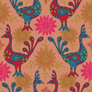 PEACOCK GARDEN Bohemian Exotic Birds in Red Blue Green Fuchsia Pink on Blush Sand - MEDIUM Scale - UnBlink Studio by Jackie Tahara