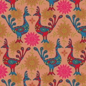 PEACOCK GARDEN Bohemian Exotic Birds in Red Blue Green Fuchsia Pink on Blush Sand - SMALL Scale - UnBlink Studio by Jackie Tahara