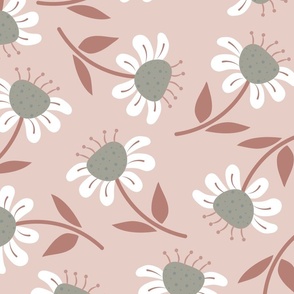 (L) Happy Flowers - Dusty Rose and Sage Green Florals Chamomile Earth Tones Botanicals Minimalist Nature