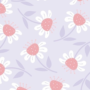 (L) Happy Flowers - Lavender and Pink Florals Chamomile Pastel Colors Botanicals Minimalist Nature