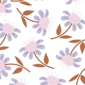 (L) Happy Flowers - Lavender, Pink and Brown Florals Chamomile Pastel Colors Botanicals Minimalist Nature