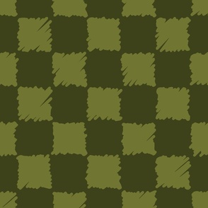 C010 - Large scale dark forest green and mid olive green organic irregular textured checkers in bold retro colors for funky apparel, wallpaper, table cloth, curtains, duvet covers and bed sheets