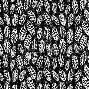 Tropical Wispy Leaves Vertical on Woven Texture  White on Black - Small Scale - Metallic Wallpaper Friendly  