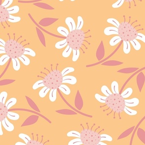 (L) Happy Flowers - Tangerine and Pink Orange Pastel Colors Florals Chamomile Botanicals Minimalist Nature