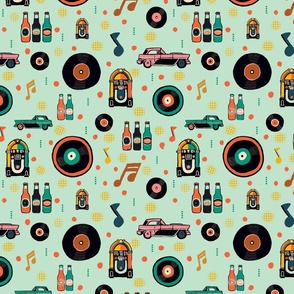 Retro Party Wall on Mint Green Background featuring Record Albums, Jukebox, Bottled Soda, Pink Cadillac and Music Notes | Vintage Colors - Orange Turquoise Teal Pink | Hand Drawn Style Pattern | 60s and 70s