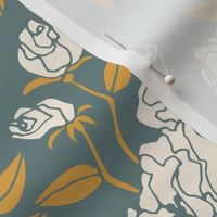 (s) Modern Victorian Blooms: Maximalist Climbing Rose Floral in a Contemporary yet Classic Repeat for Wallpaper and Fabric | Cream, Turquoise Blue, and Yellow Green | Small (12 x 22.75 inch repeat) | Modern Victorian Farmhouse