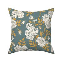 (s) Modern Victorian Blooms: Maximalist Climbing Rose Floral in a Contemporary yet Classic Repeat for Wallpaper and Fabric | Cream, Turquoise Blue, and Yellow Green | Small (12 x 22.75 inch repeat) | Modern Victorian Farmhouse