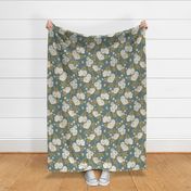 (s) Modern Victorian Blooms: Maximalist Climbing Rose Floral in a Contemporary yet Classic Repeat for Wallpaper and Fabric | Cream, Turquoise Blue, and Yellow Green | Small (12 x 22.75 inch repeat) | Modern Victorian Farmhouse